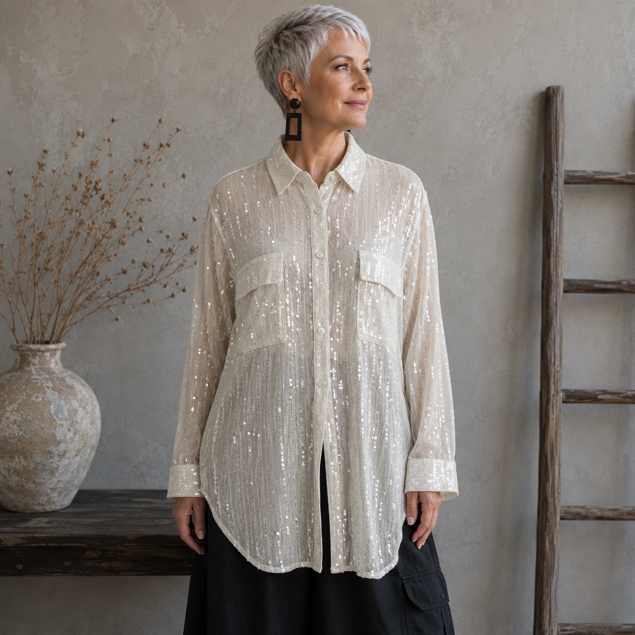 Jeannie Mai X Inc Sheer Sequin Oversized Long Sleeve Shirt Nwt Xl